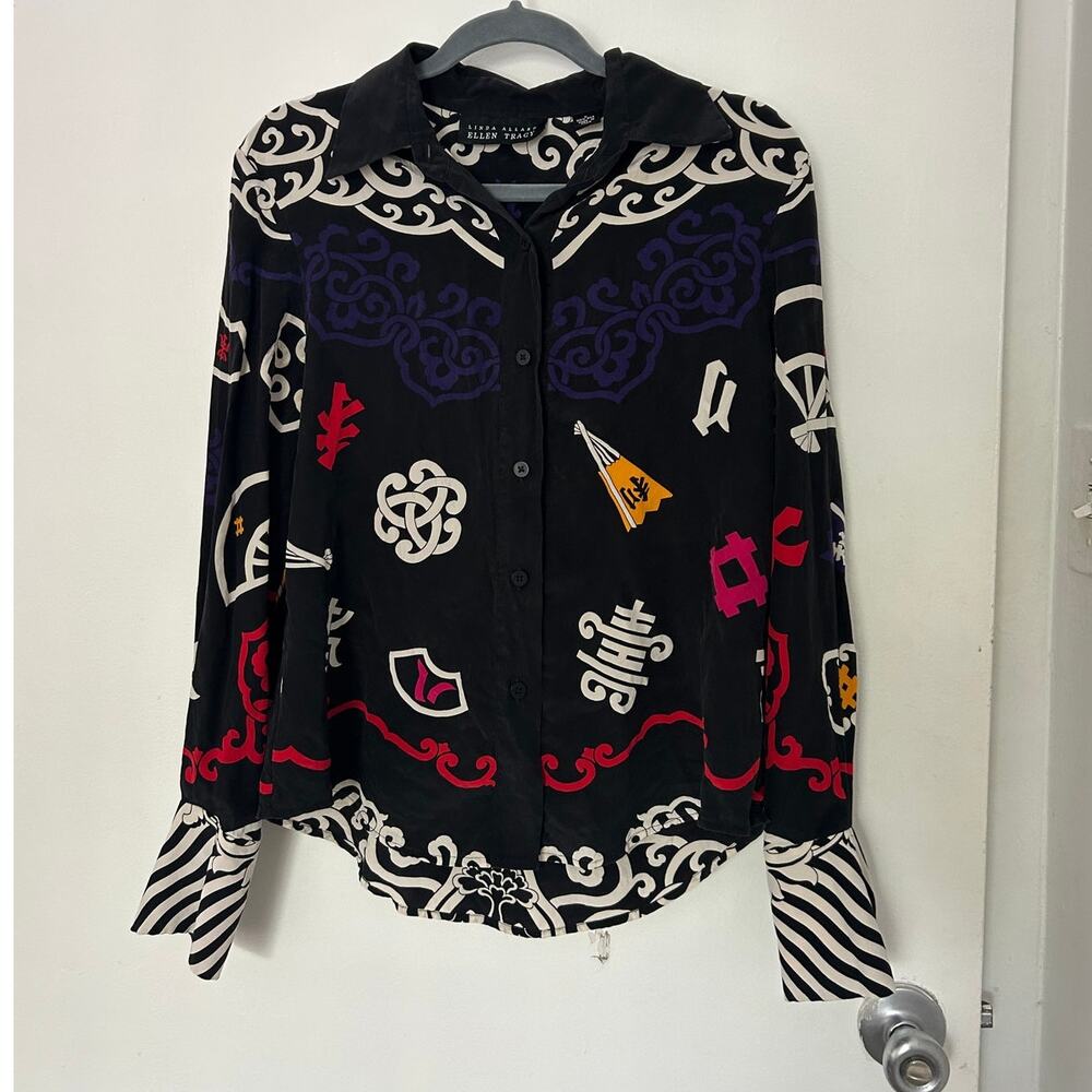 Vintage 90s Ellen Tracy 100% Silk Baroque Print Button-Down Blouse - Picture 3 of 6